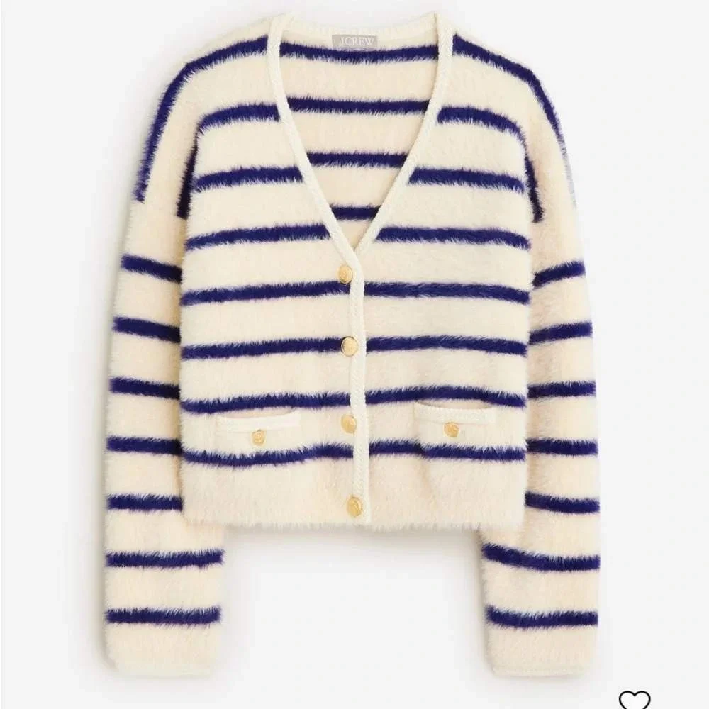 J. Crew Sweater Lady Jacket Women Small Cream Navy Striped Brushed Yarn Gold